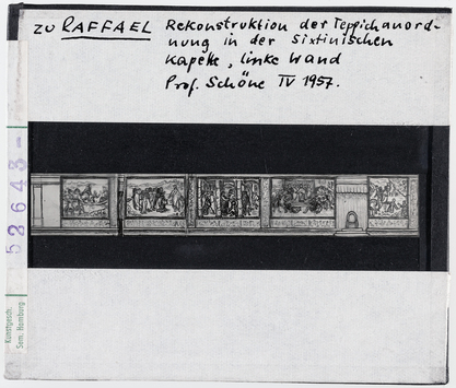 Vorschaubild Raffael:  Teppiche, Anordnung in der Sixtinischen Kapelle, linke Seite,  Rekonstruktion nach Wolfgang Schöne 1957 